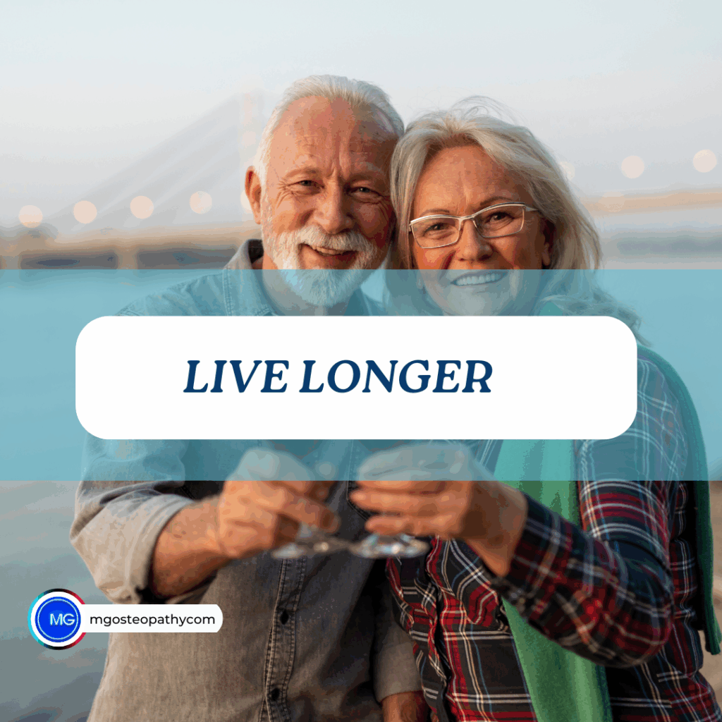 Smiling older couple posing outdoors with a blue overlay banner that reads LIVE LONGER.