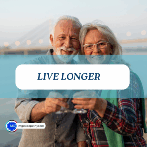 Smiling older couple posing outdoors with a blue overlay banner that reads LIVE LONGER.