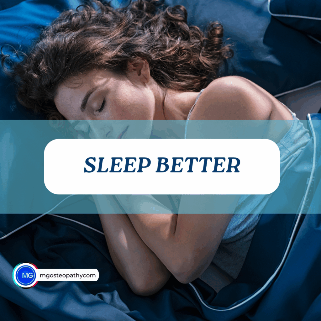 Woman sleeping on blue bedding with a teal overlay reading SLEEP BETTER.
