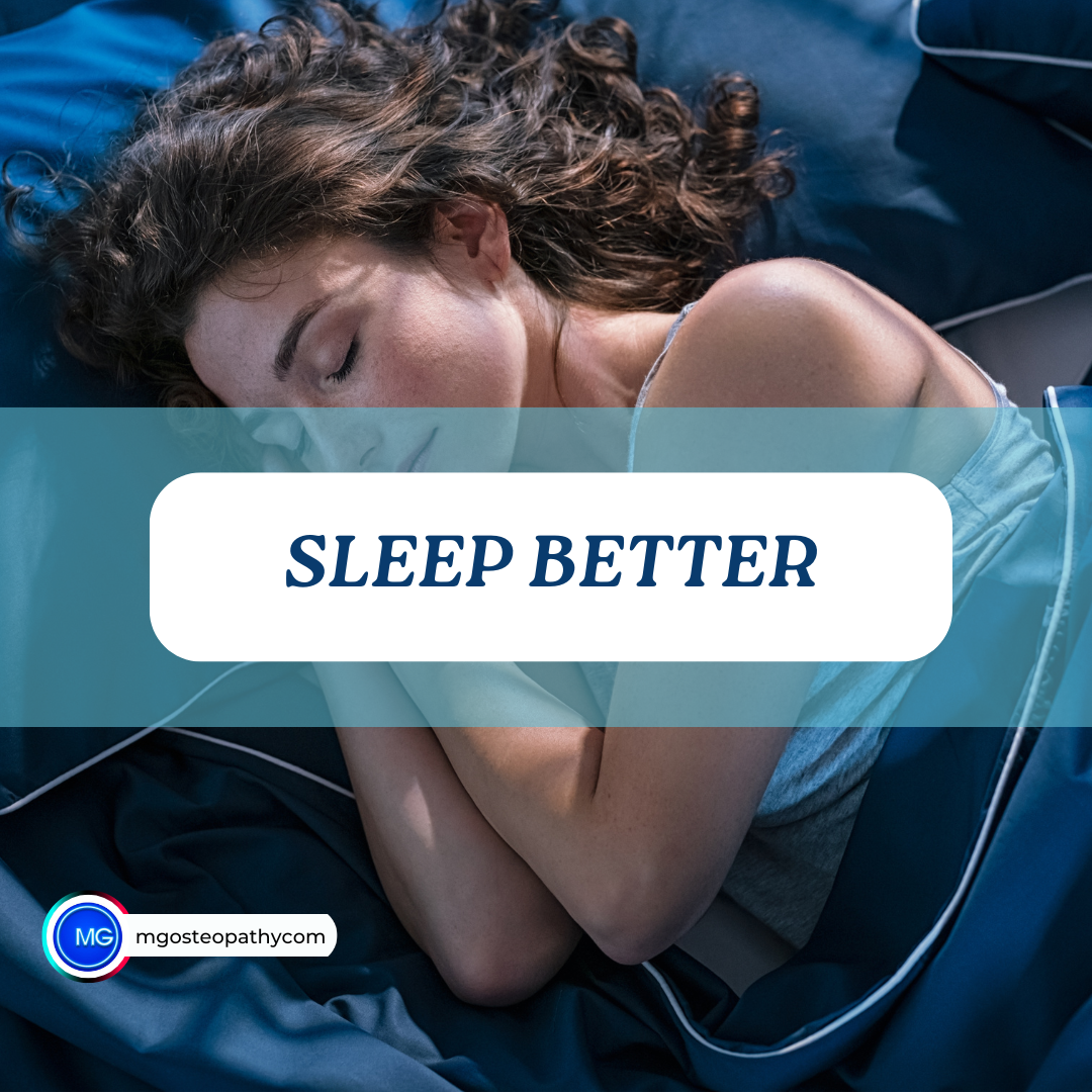 Woman sleeping on blue bedding with a teal overlay reading SLEEP BETTER.