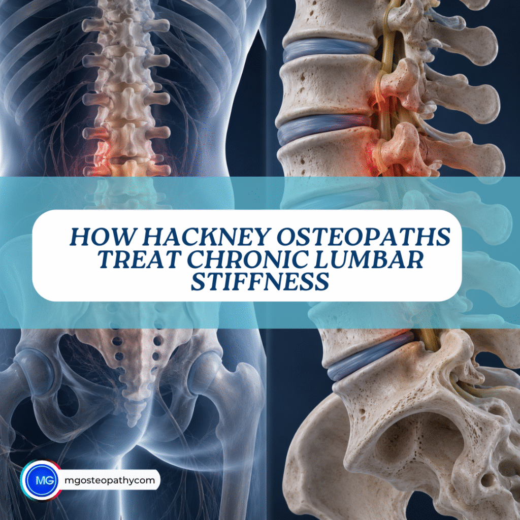 Promotional header image for an article: shows a detailed spine and pelvis illustration with a blue banner containing the title 'How Hackney Osteopaths Treat Chronic Lumbar Stiffness' and an MG Osteopathy logo.