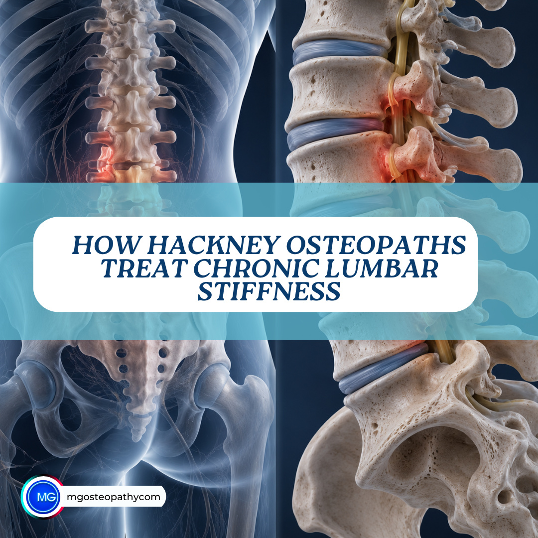 How Hackney Osteopaths Treat Chronic Lumbar Stiffness | MG Osteopathy & Sports Injury Clinic, Hackney, London | MG Osteopathy & Sports Injury Clinic, Hackney, London Promotional header image for an article: shows a detailed spine and pelvis illustration with a blue banner containing the title 'How Hackney Osteopaths Treat Chronic Lumbar Stiffness' and an MG Osteopathy logo.