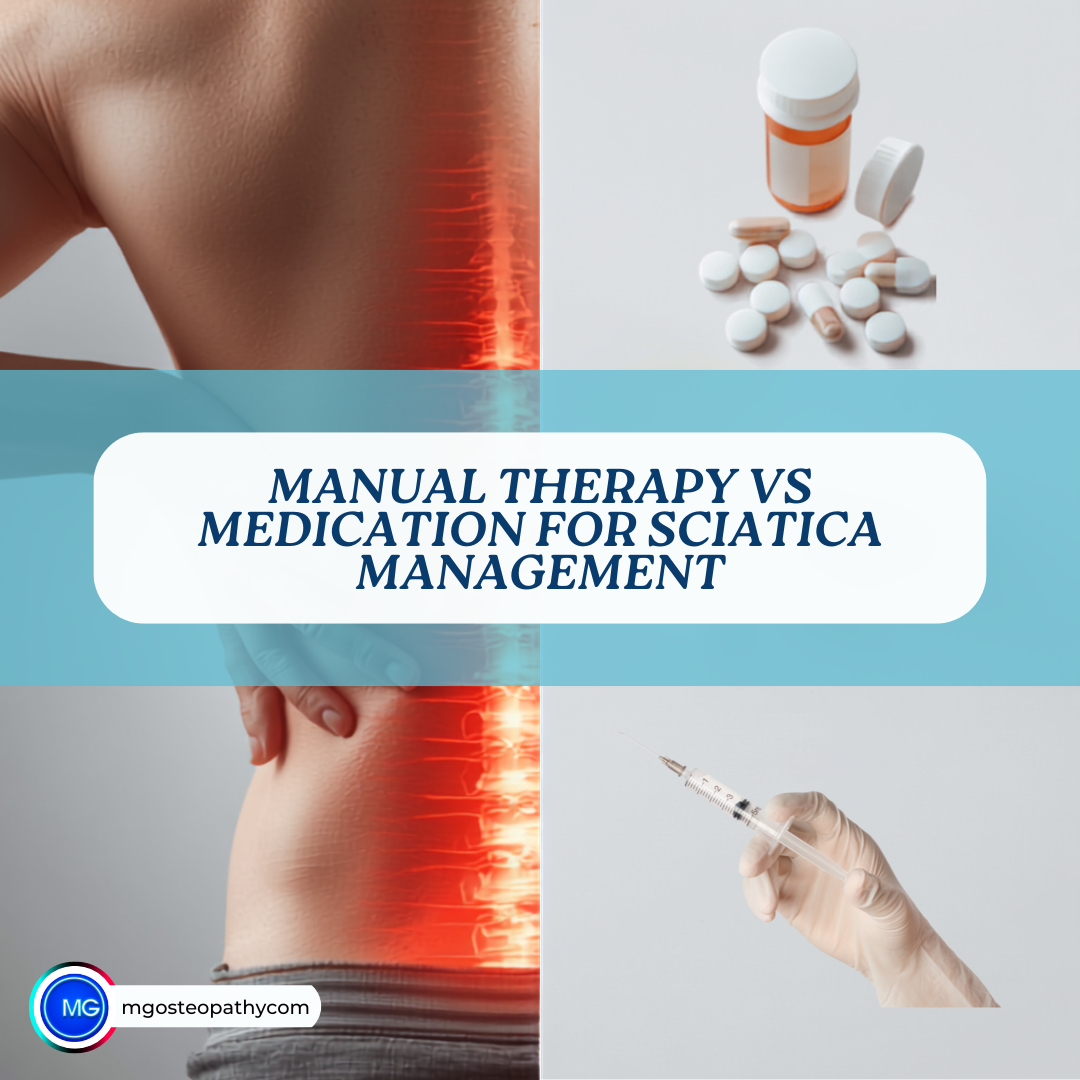 Manual Therapy vs Medication for Sciatica Management | MG Osteopathy & Sports Injury Clinic, Hackney, London | MG Osteopathy & Sports Injury Clinic, Hackney, London Infographic comparing manual therapy and medication for sciatic management, featuring a spine image, pills, a syringe, and a blue title banner with the text 'Manual Therapy vs Medication for Sciatica Management'