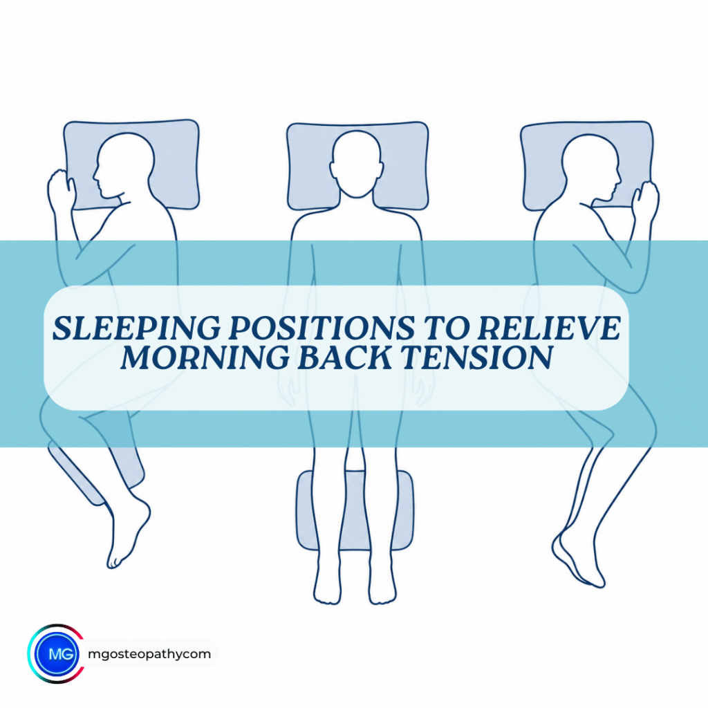 Three silhouettes lying on beds show different sleeping positions; banner reads 'SLEEPING POSITIONS TO RELIEVE MORNING BACK TENSION' with logo bottom-left.