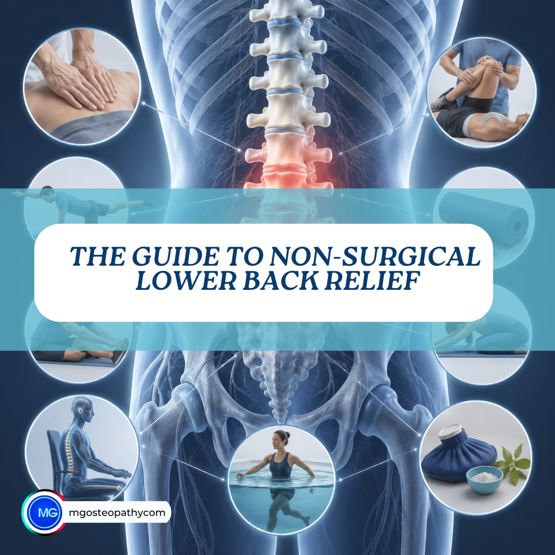 Illustrated spine with a highlighted lower back in red, surrounded by circular images of therapies and exercises; title reads 'The Guide to Non-Surgical Lower Back Relief'./Center spine diagram with red lower-back area and surrounding treatment circles, conveying non-surgical relief methods.