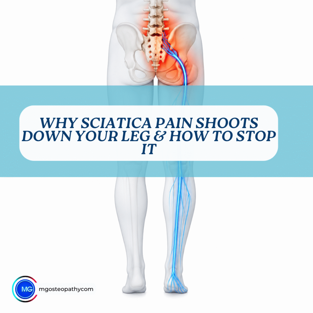 Informational image showing sciatic nerve pain from the lower back down the leg with a medical illustration highlighting the nerve path to explain sciatica pain relief tips.