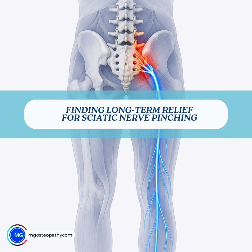 Anatomical illustration of the lower spine and hip showing sciatic nerve compression with a red inflamed area near the pelvis and blue nerve fibers extending down the leg.