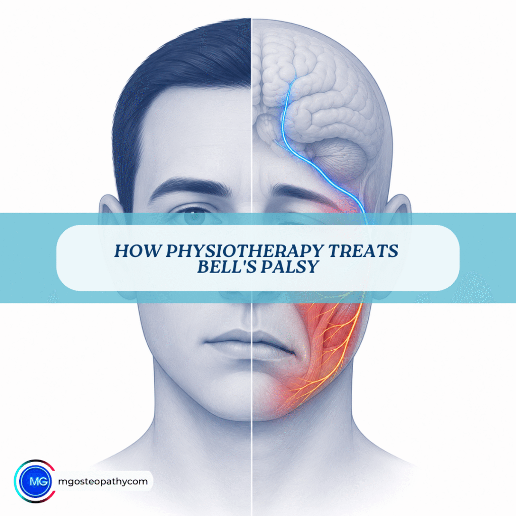 How Physiotherapy Treats Bells Palsy | MG Osteopathy & Sports Injury Clinic, Hackney, London Split-face illustration: brain and facial nerve highlighted on the right, with a turquoise banner reading 'How Physiotherapy Treats Bell's Palsy' across the image.
