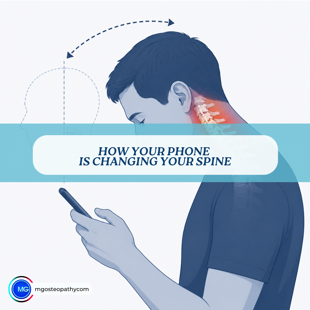 How Your Phone Is Changing Your Spine | MG Osteopathy & Sports Injury Clinic, Hackney, London | MG Osteopathy & Sports Injury Clinic, Hackney, London Illustration of a person looking down at a smartphone, with a red highlight on the neck spine to show cervical strain
