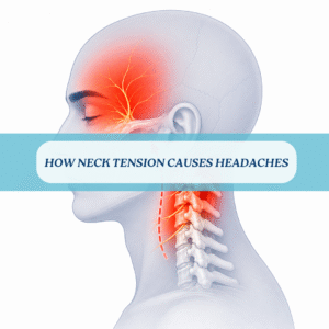 How neck Tension causes headaches | MG Osteopathy & Sports Injury Clinic, Hackney, London | MG Osteopathy & Sports Injury Clinic, Hackney, London Side view of head and neck with red glowing nerves at the neck, illustrating neck tension linked to headaches; banner reads 'HOW NECK TENSION CAUSES HEADACHES'.