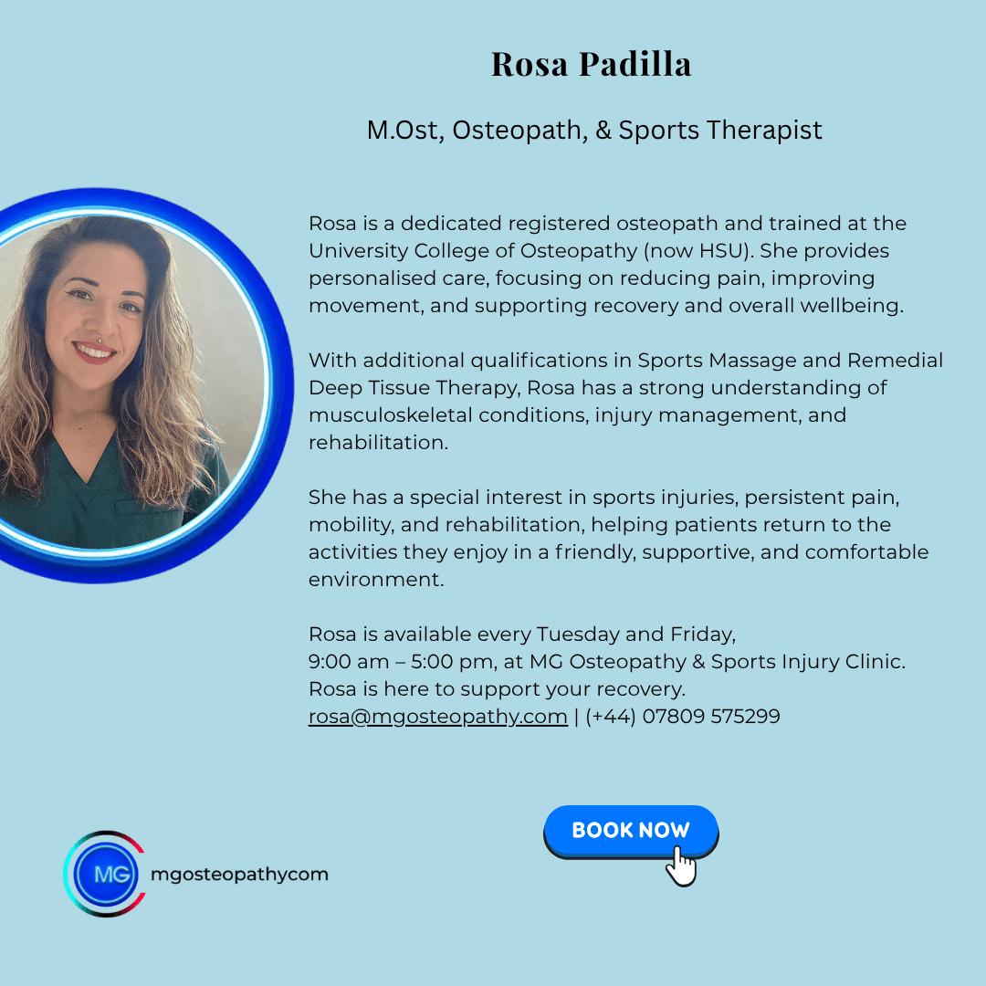 Meet our Osteopath Rosa | MG Osteopathy & Sports Injury Clinic, Hackney, London | MG Osteopathy & Sports Injury Clinic, Hackney, London Profile hero for Rosa Padilla, osteopath and sports therapist, with portrait on the left and a blue 'Book Now' button on the right/bottom.