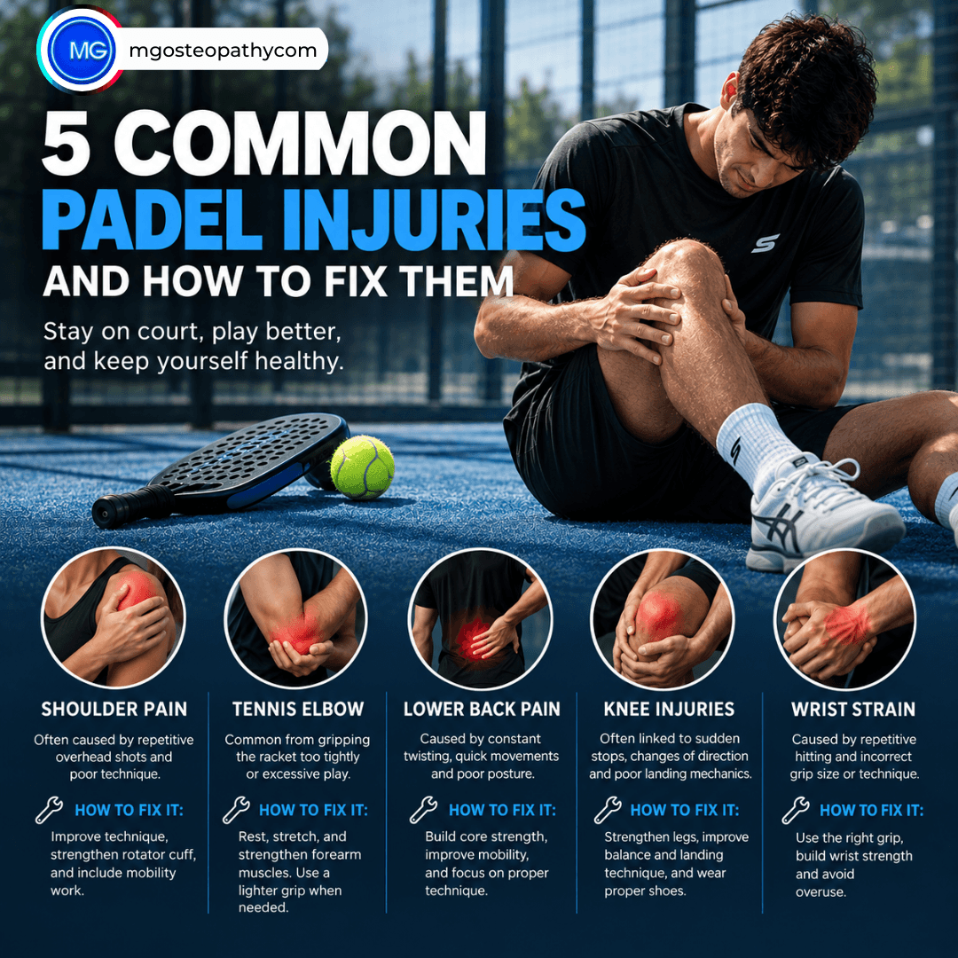 5 Common Padel Injuries and how to fix them | MG Osteopathy & Sports Injury Clinic, Hackney, London | MG Osteopathy & Sports Injury Clinic, Hackney, London Infographic on 5 common padel injuries and how to fix them, featuring a player holding his knee and five circular injury photos at the bottom.