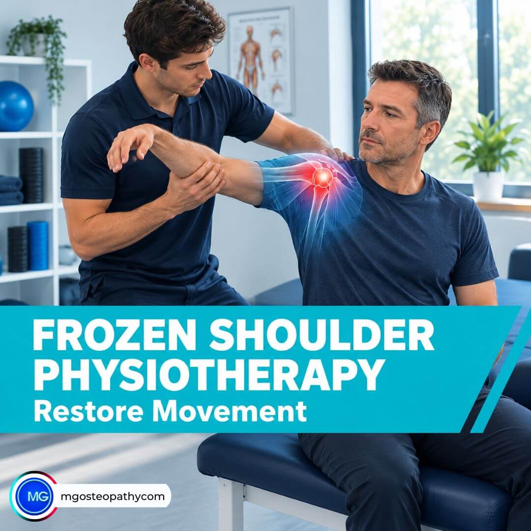Illustration of a physiotherapist gently guiding a patient's arm, with the shoulder joint highlighted in red to show frozen shoulder